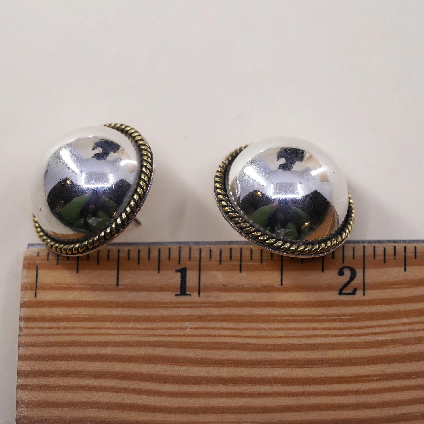 Vintage two tone Sterling silver earrings, Mexican 925 silver huge round studs