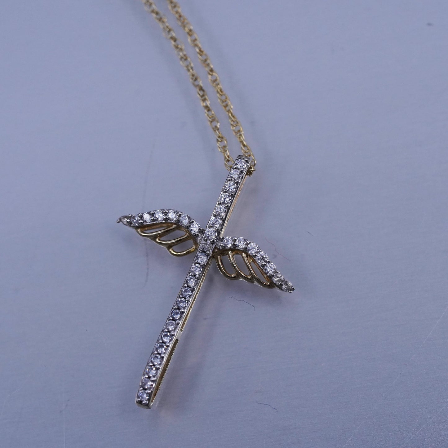 18”, vermeil gold over sterling 925 silver box necklace cross pendant diamond