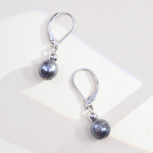 Vintage Sterling 925 silver handmade earrings with gray faux pearls