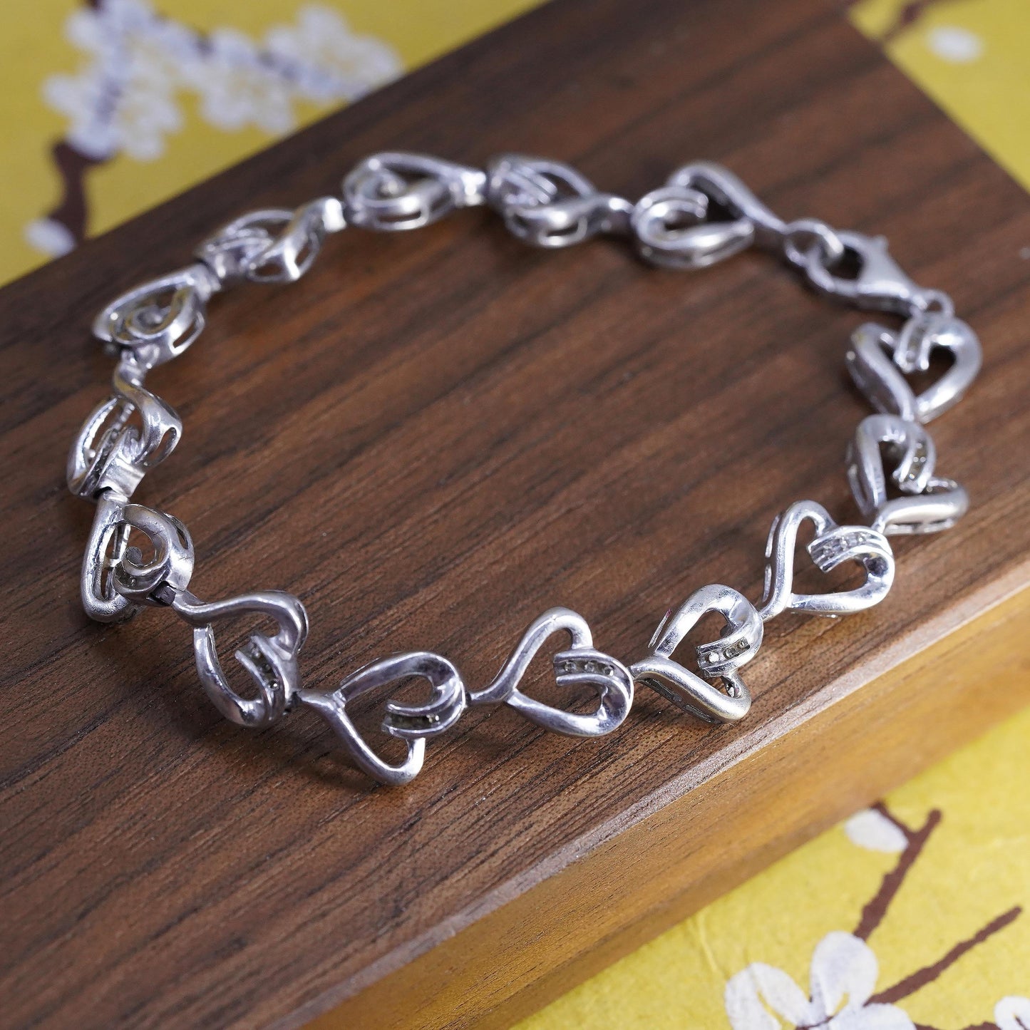 7.5”, vintage Sterling silver tennis bracelet, 925 heart link chain diamonds