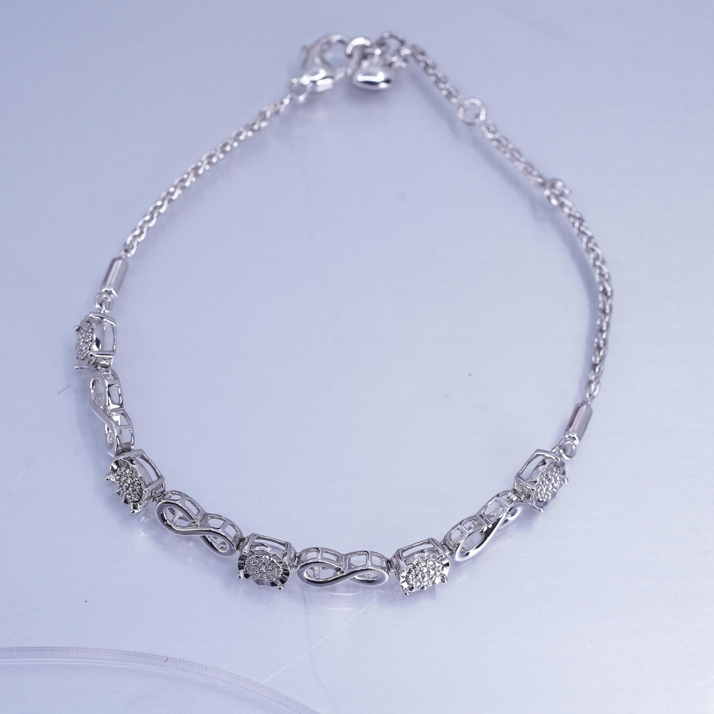6.5+1”, vintage Sterling 925 silver bracelet, wheat chain with cluster diamonds