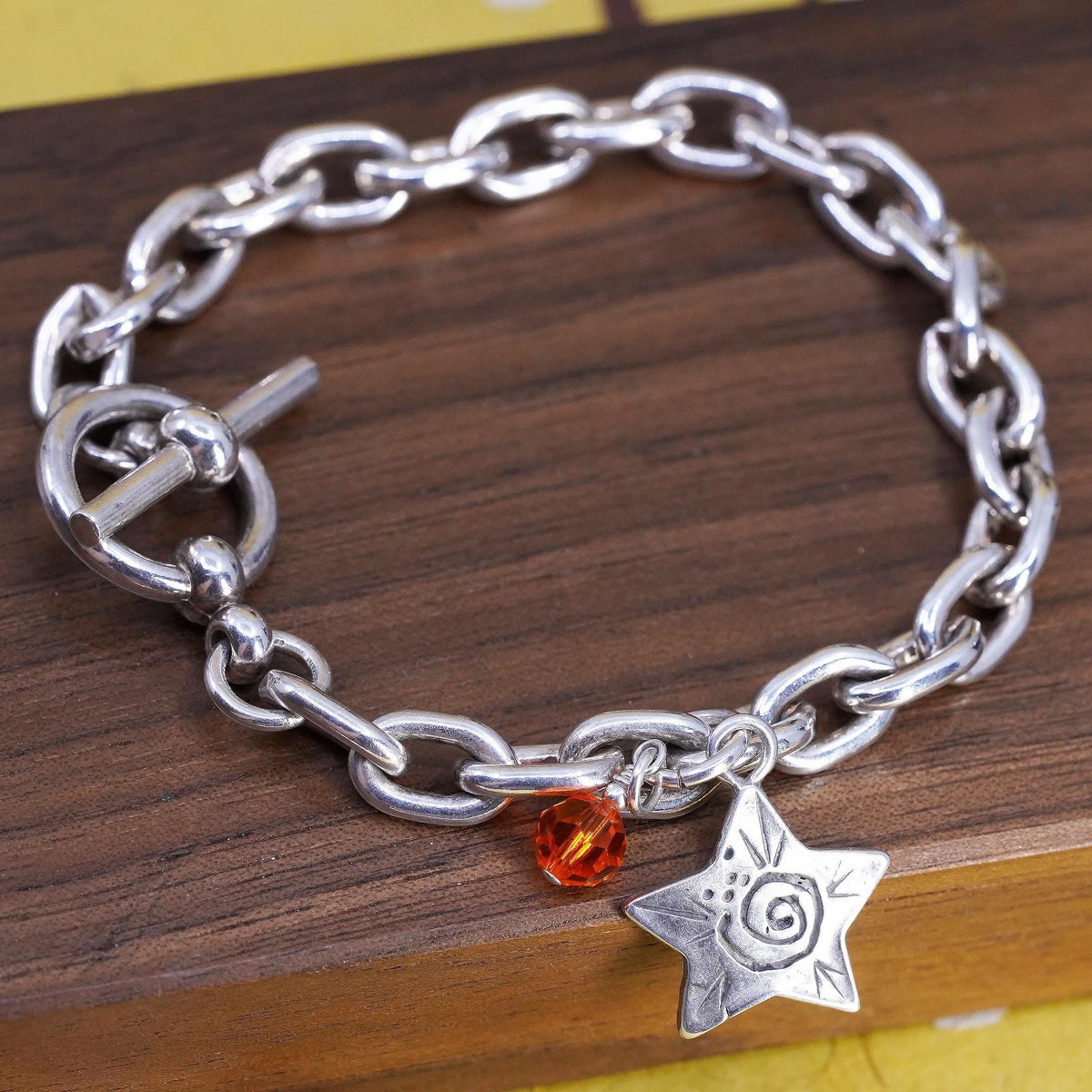 6.75" 7mm, Vintage Sterling silver bracelet, 925 oval link chain star charm
