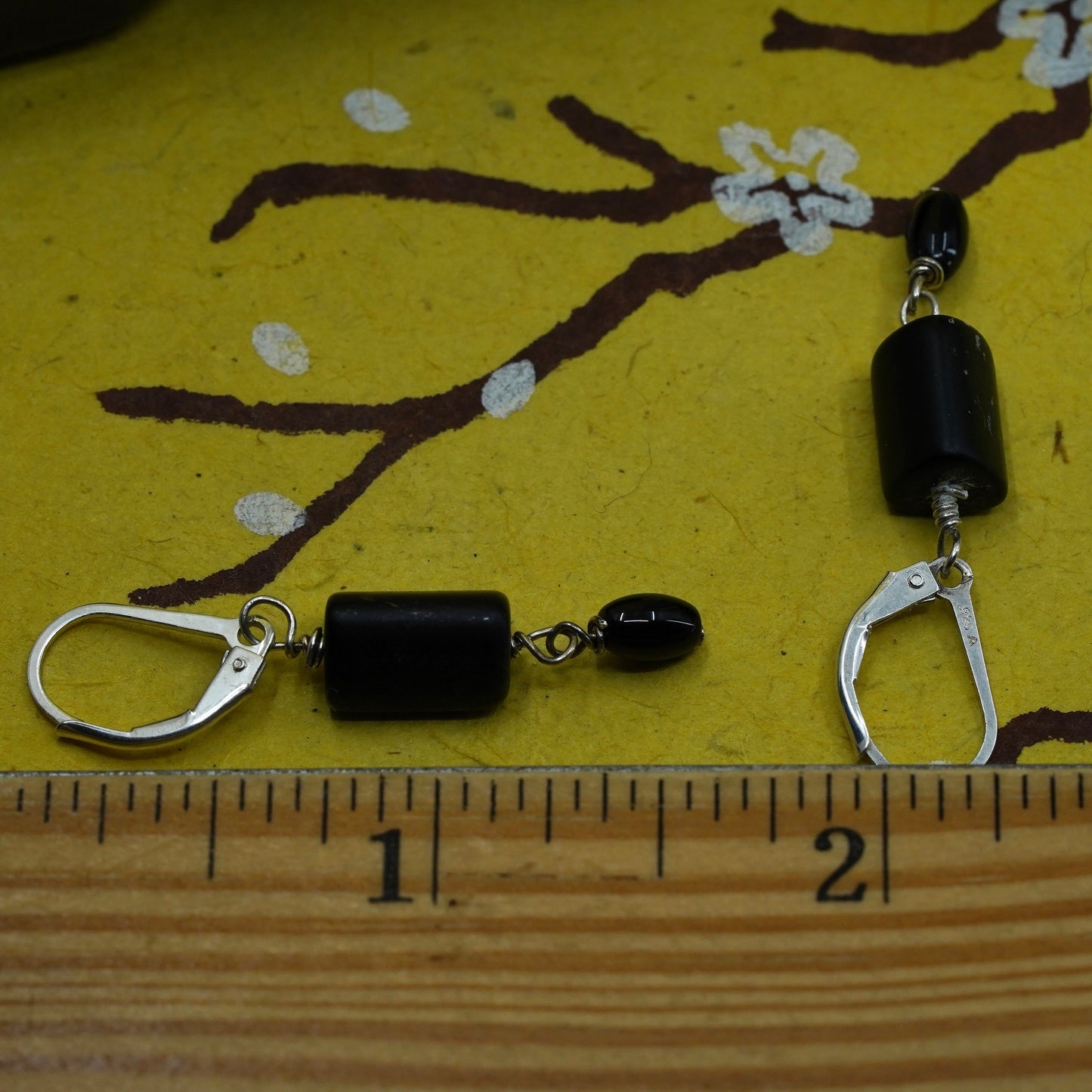 Vintage sterling 925 silver handmade earrings, with teardrop black stone dangle