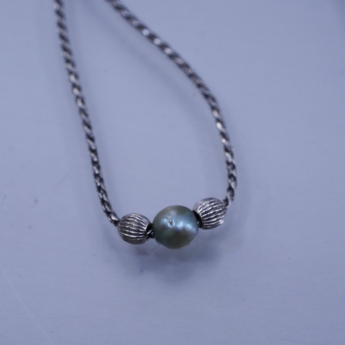 18”, vintage Sterling 925 silver handmade twisted S link necklace pearl pendant