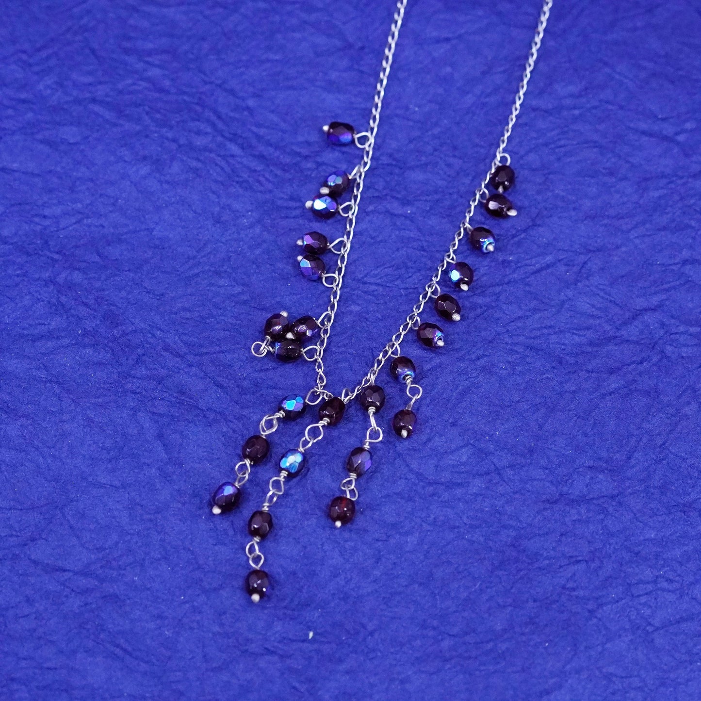 16”, Sterling silver handmade necklace, 925 curb chain with garnet bead fringe