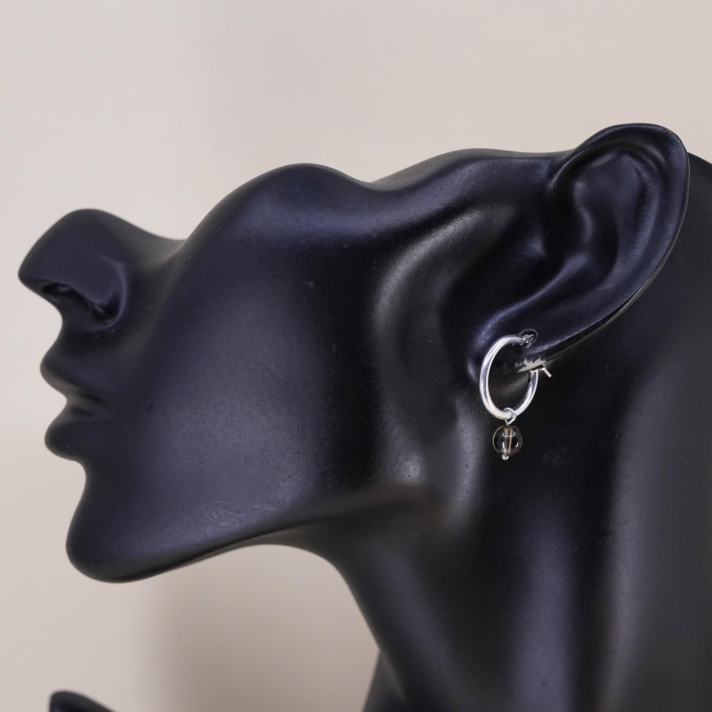 0.5”, VTG sterling 925 silver loop handmade earrings, smoky quartz bead hoops