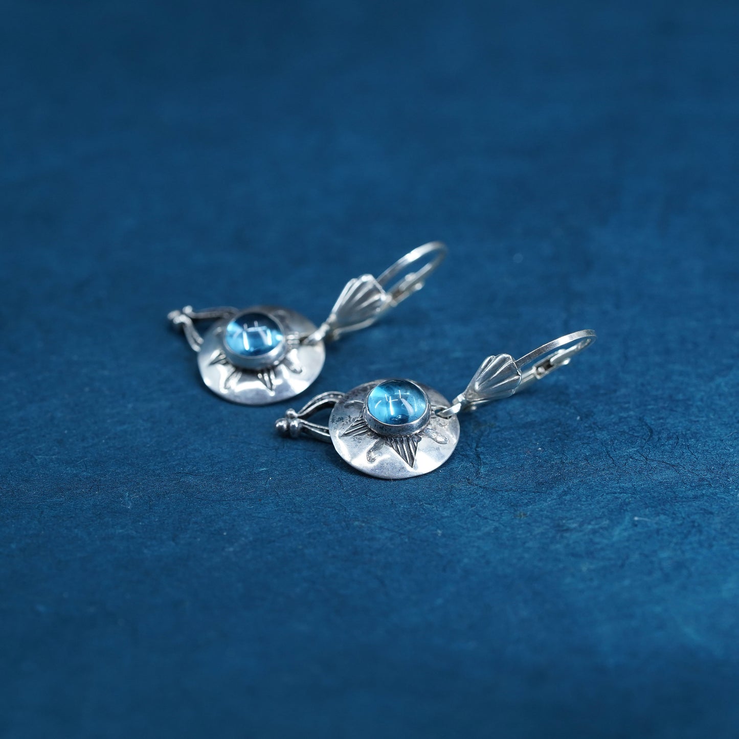 Vintage sterling 925 silver handmade sun earrings w/ blue crystal heart charms