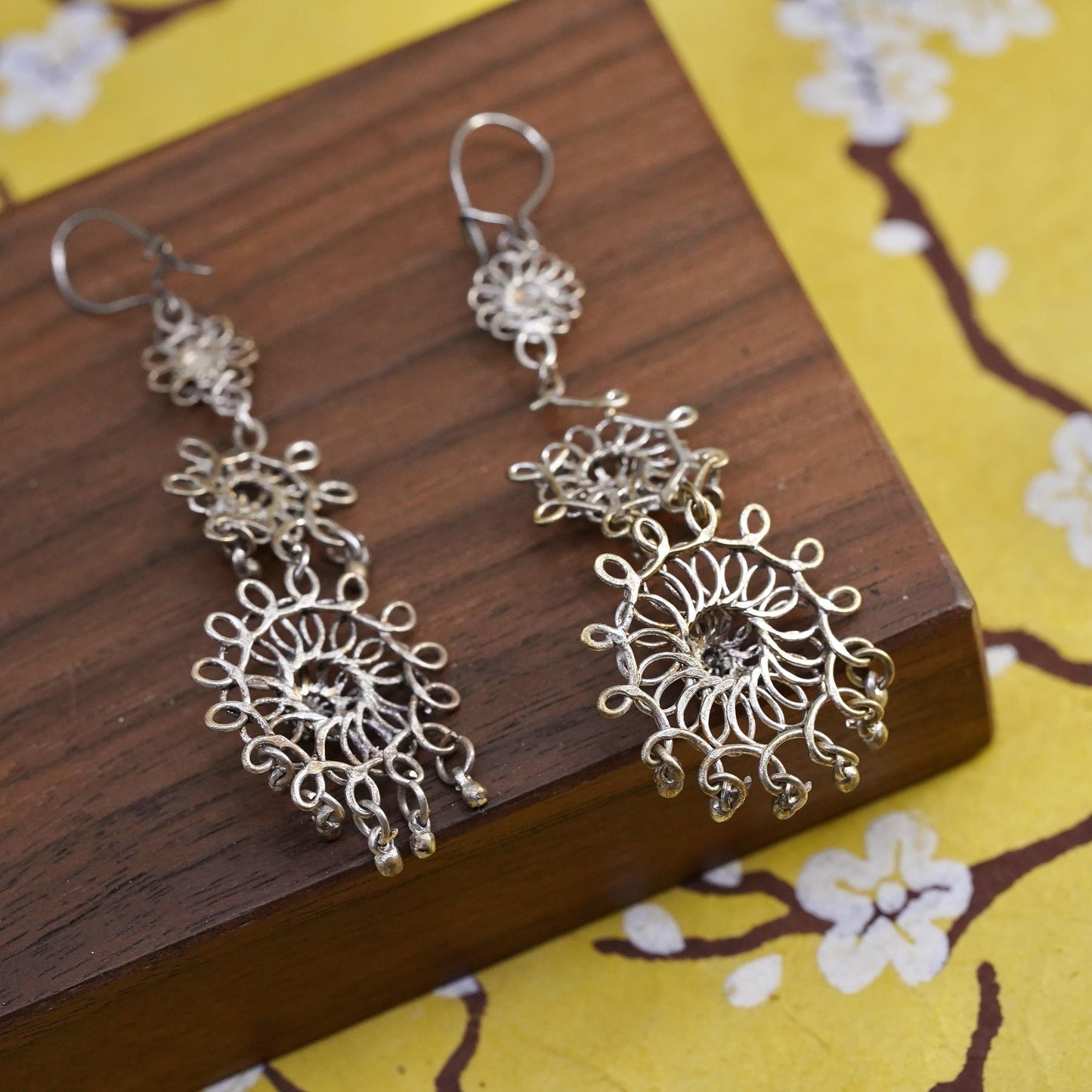 Vintage Sterling 925 silver handmade filigree flower long earrings