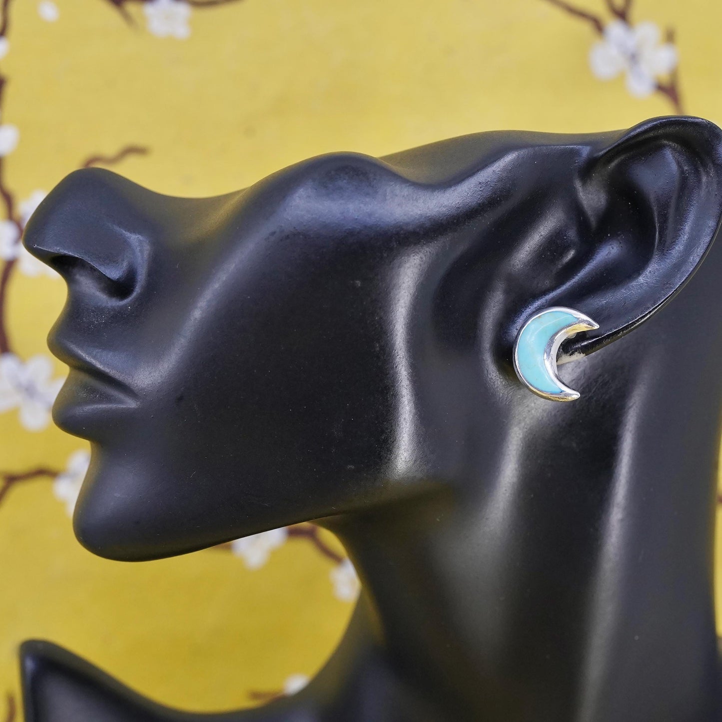 vintage Sterling 925 silver handmade studs, moon earrings with turquoise inlay
