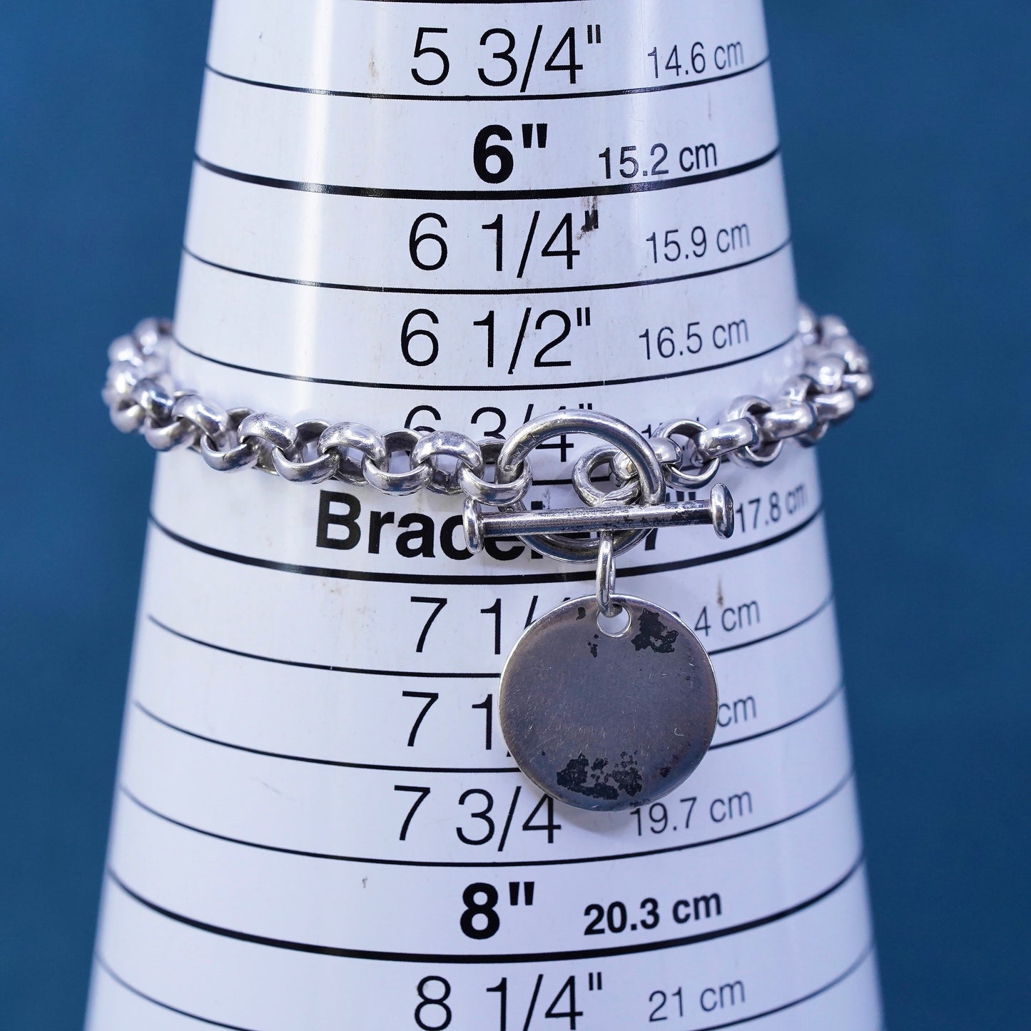 6.75", vintage Sterling silver bracelet, 925 bold circle chain circle tag charm