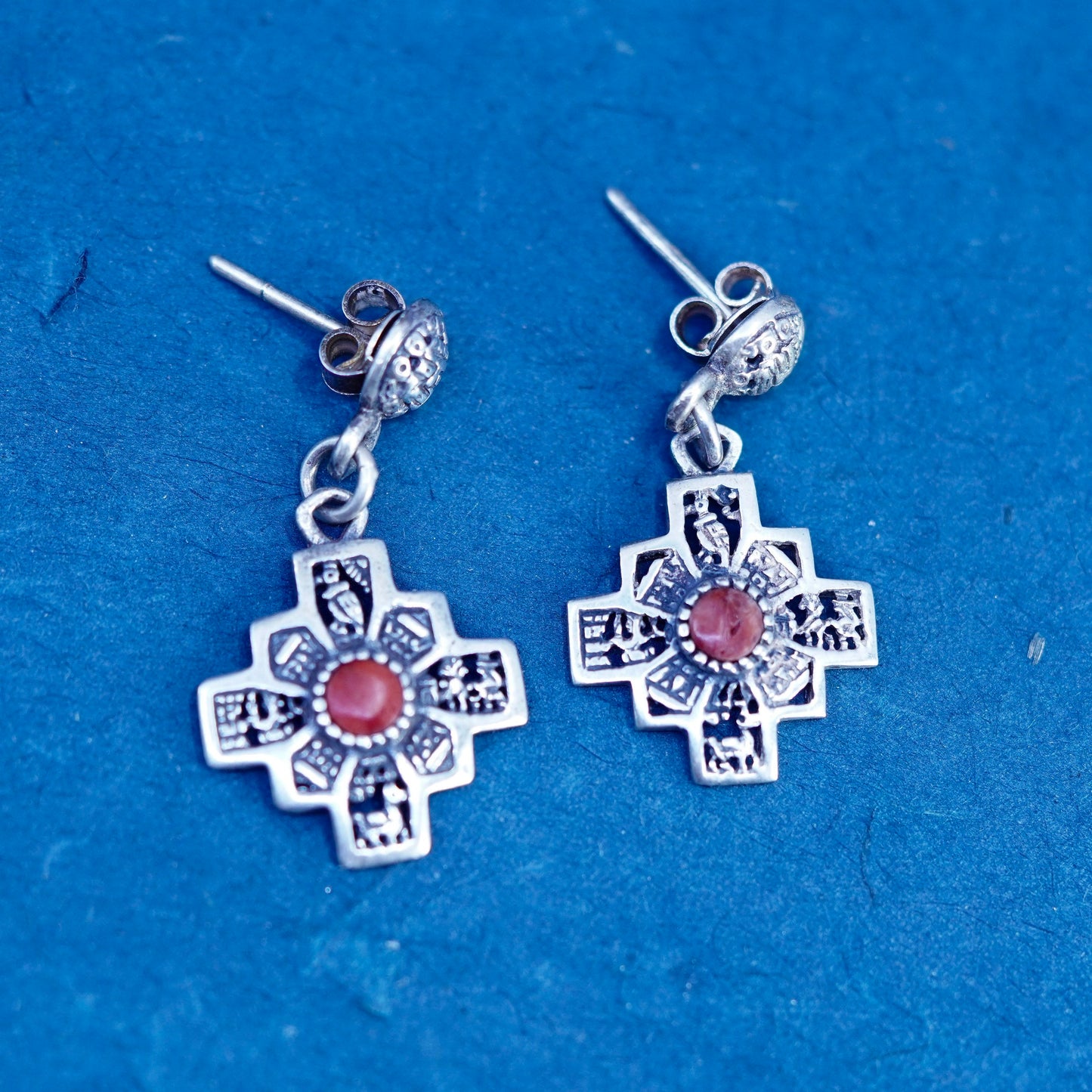 Sterling silver handmade earrings, 925 filigree bali cross dangles with coral