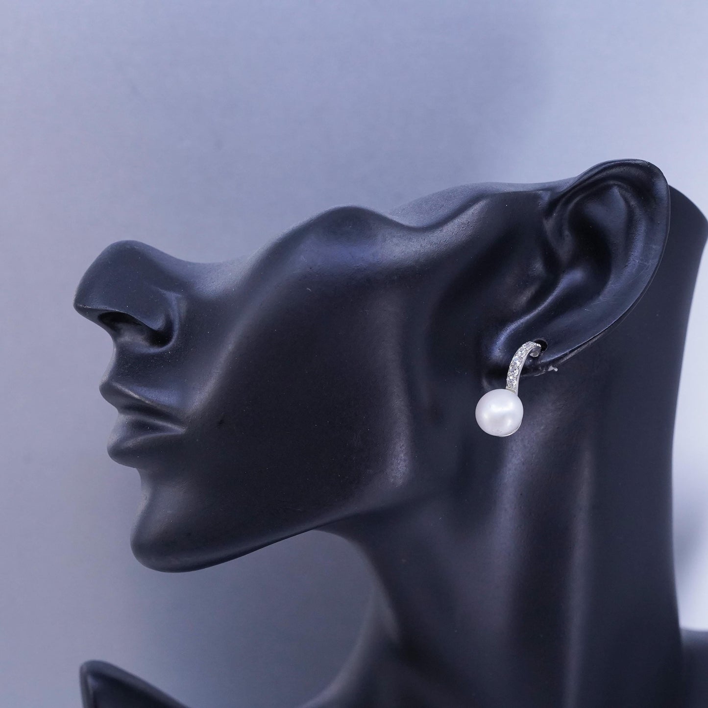 Vintage Sterling 925 silver handmade earrings, studs with 10mm pearl and cz