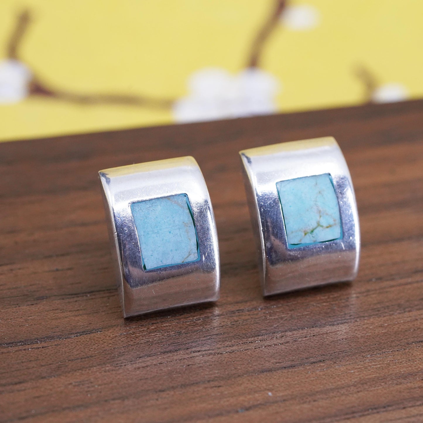 Vintage Mexican Sterling silver earrings, 925 rectangular studs with turquoise