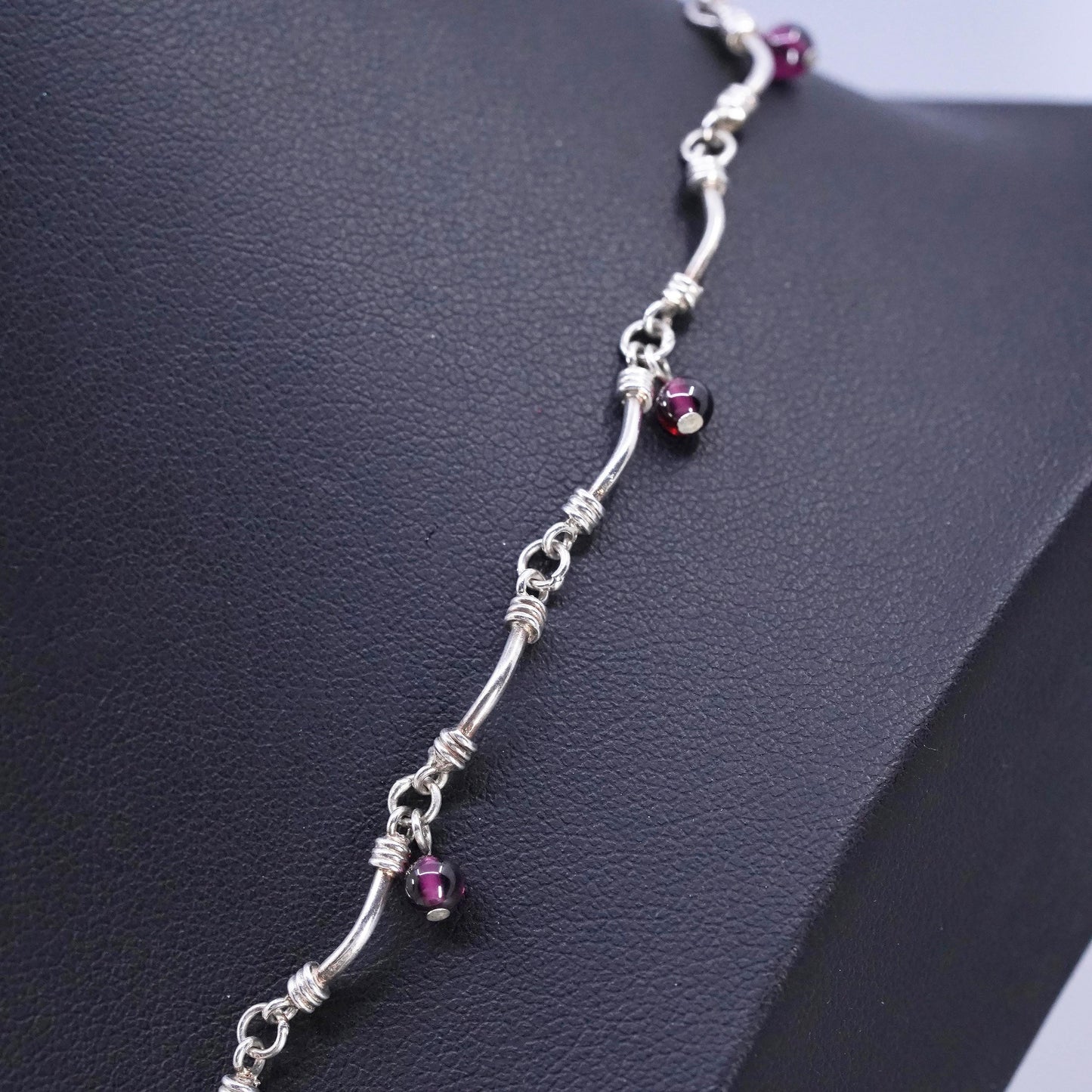 16” 2mm, vintage Sterling silver necklace, 925 bone bar chain with garnet beads