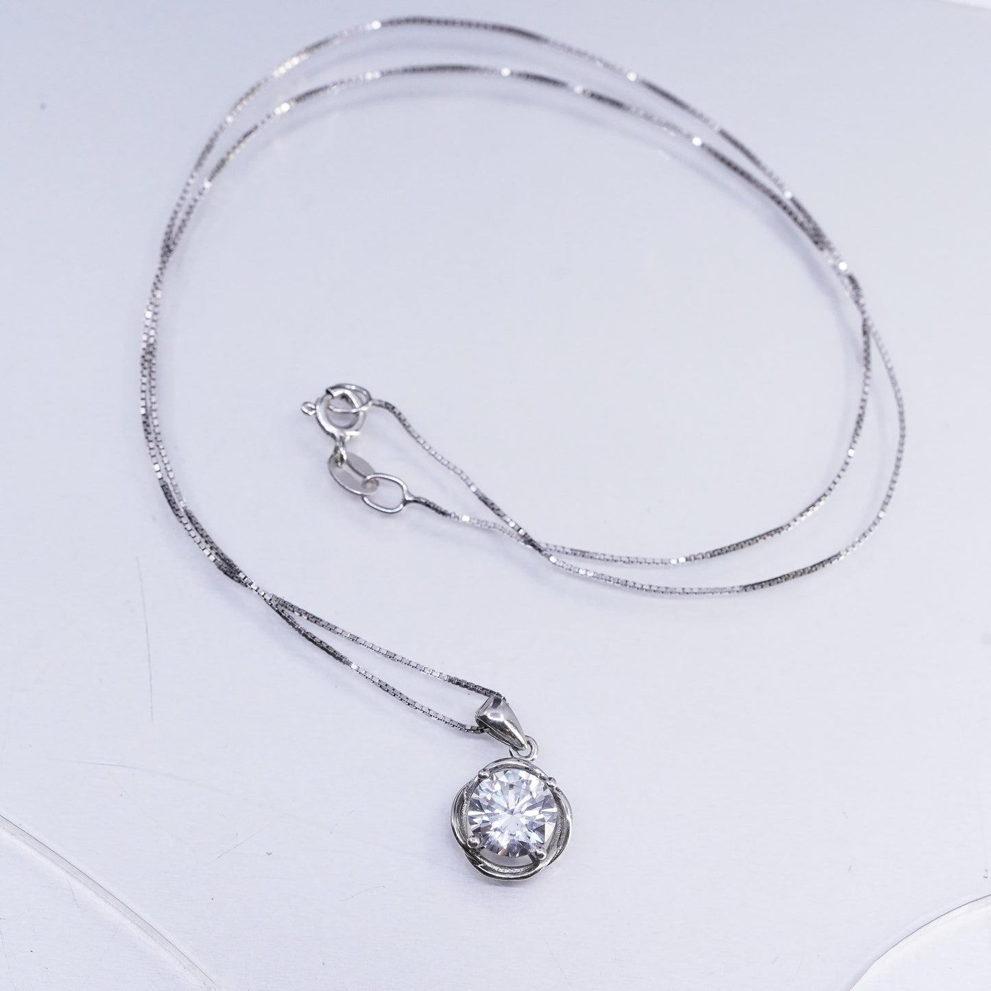18" 1mm, vintage Sterling 925 silver handmade box necklace with cz pendant