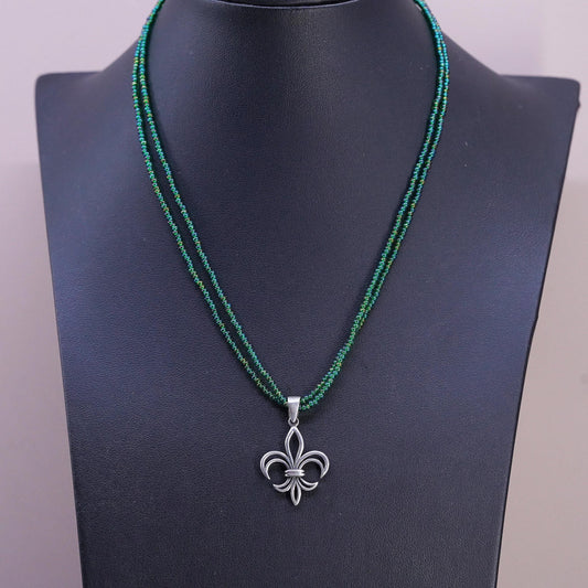 16”, Sterling Silver 925 Fleur de Lis Necklace Beaded Multi Strand 925 French