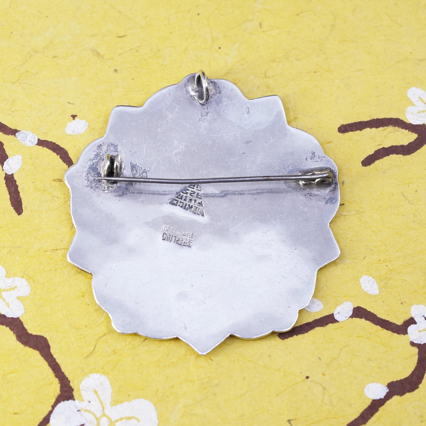 Vintage southwestern handmade sterling 925 silver flower brooch with abalone