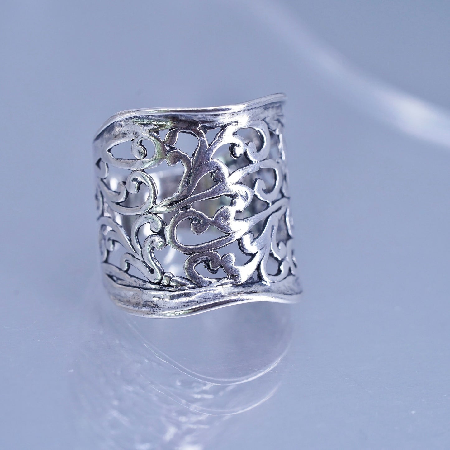 Size 10, Israel Pz Or Paz Sterling silver ring, 925 wide band floral texture