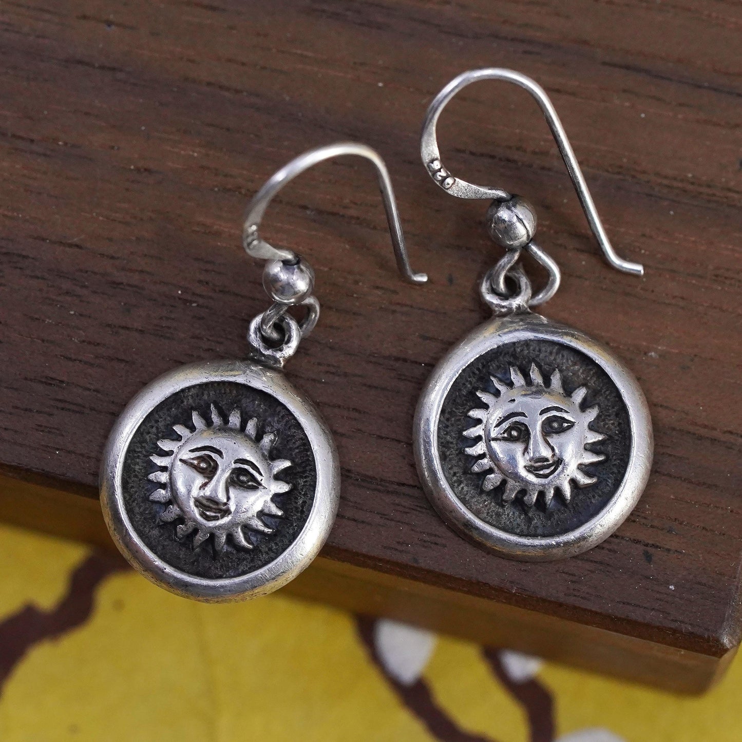 Vintage Bocco Sterling Silver Sun Face Dangle Earrings, Stamped 925 Handmade