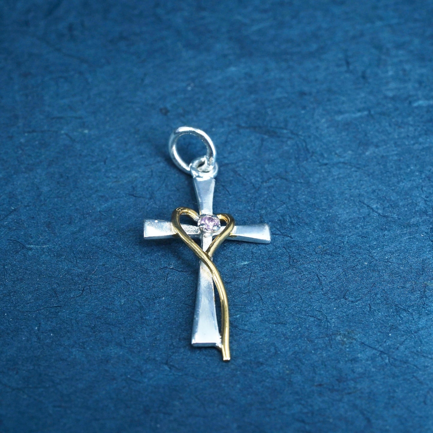 two tone Sterling silver prayer pendant, 925 cross with gold heart and pink cz