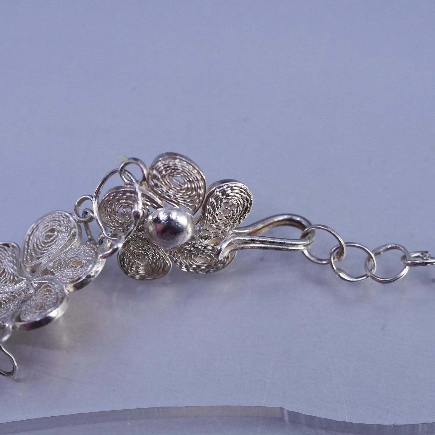 16", Vintage Sterling 925 Silver handmade Necklace Filigree Floral link chain