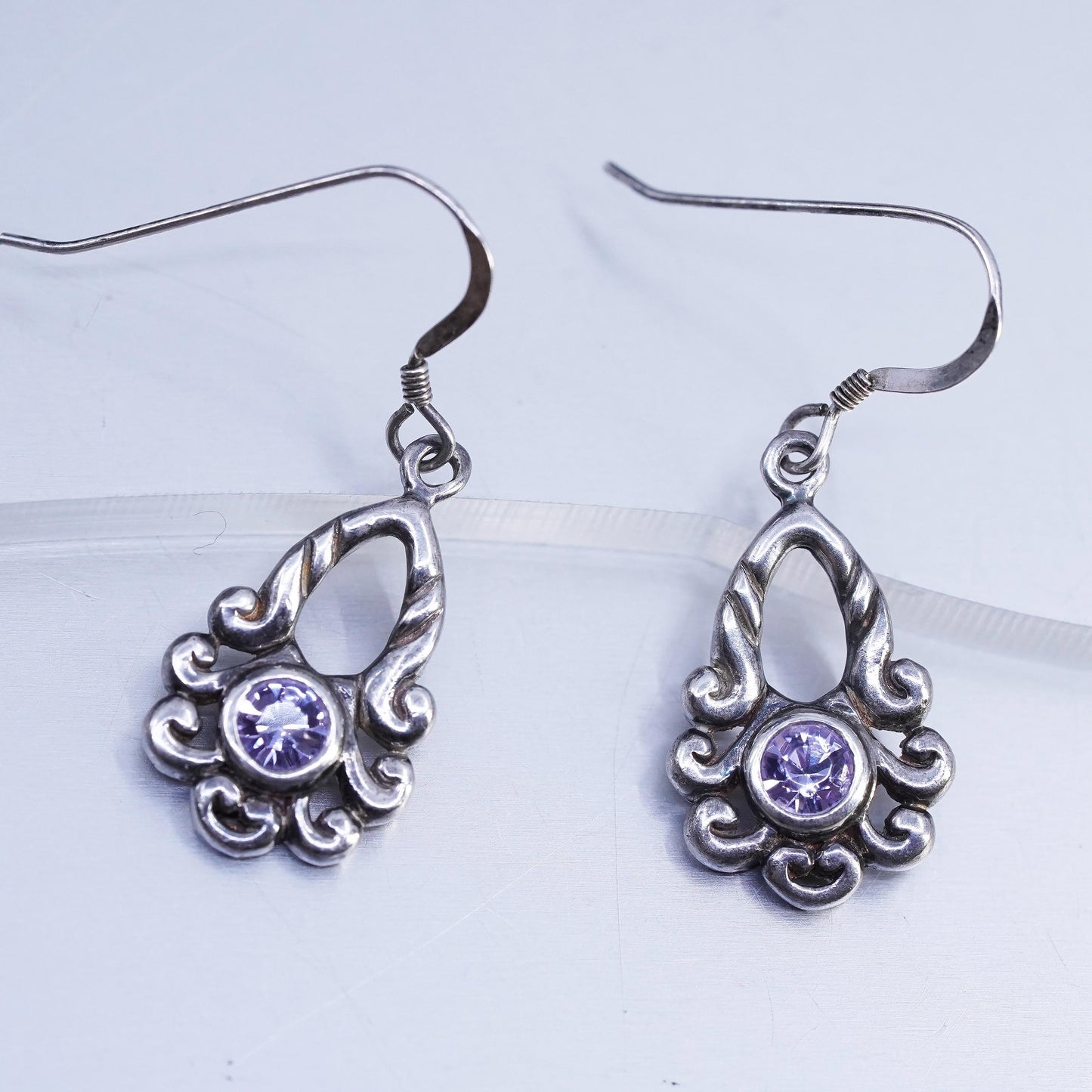 Vintage Sterling 925 silver handmade spiral earrings lavender purple crystal