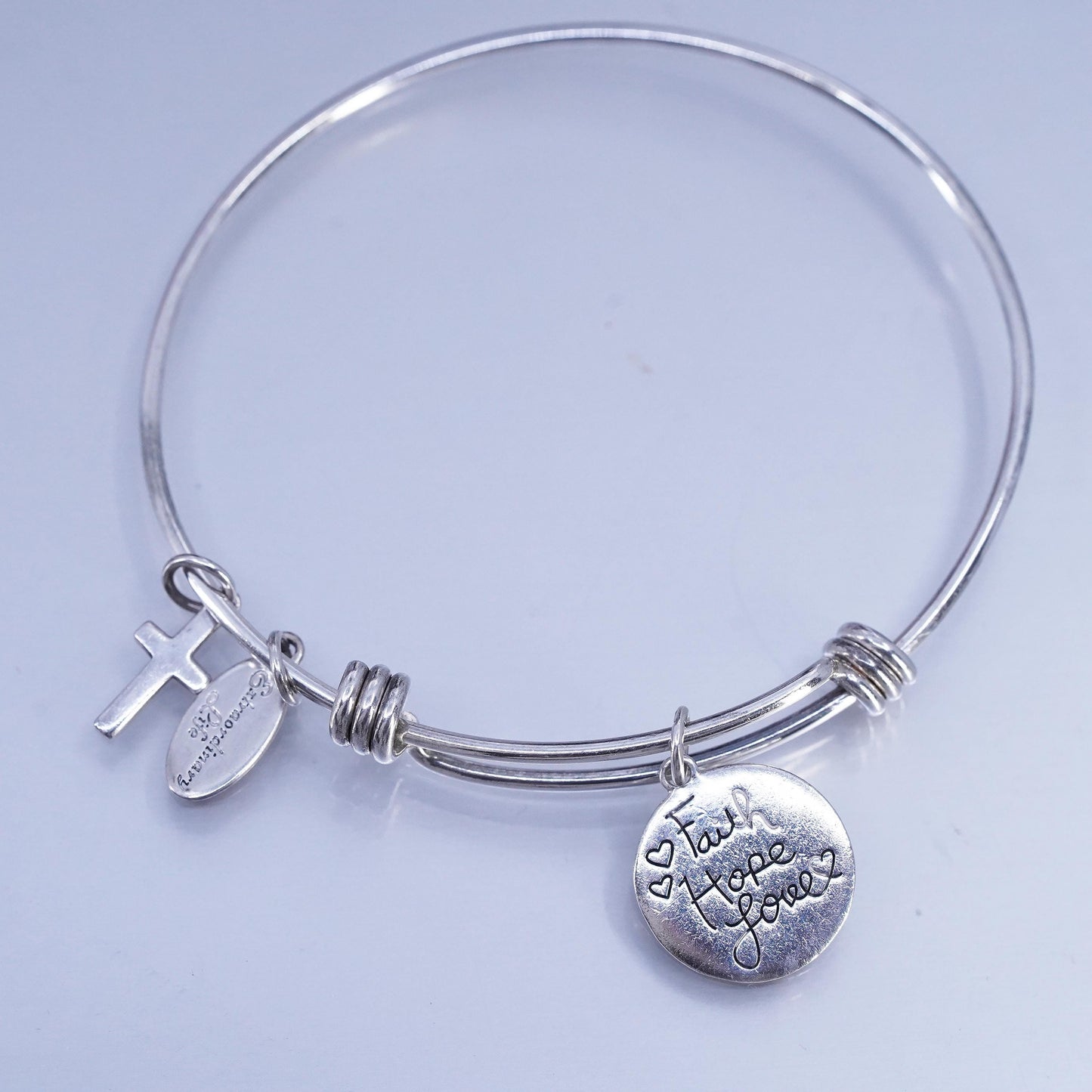 Size adjustable, Sterling 925 silver bracelet, bangle tag charm faith hope love
