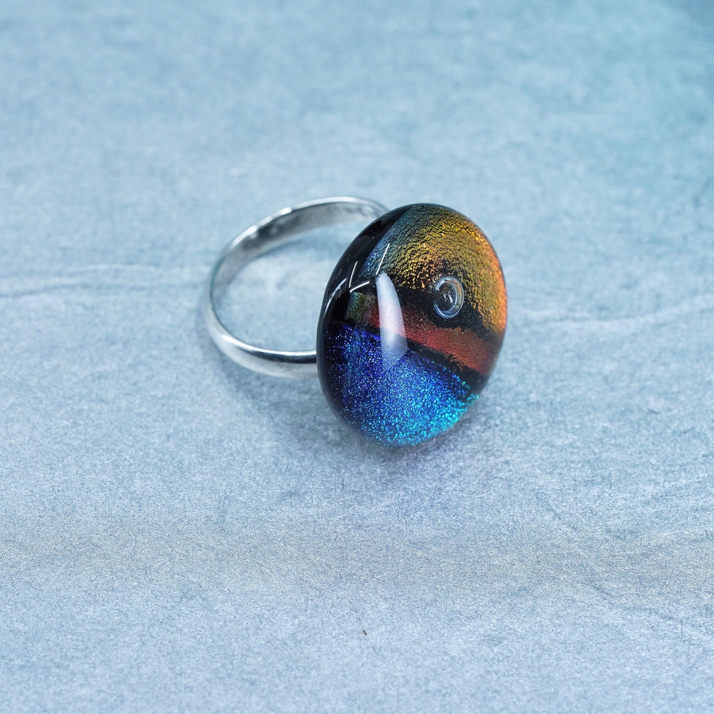 Size adjustable, Sterling 925 silver handmade cocktail ring w/ foiled glass