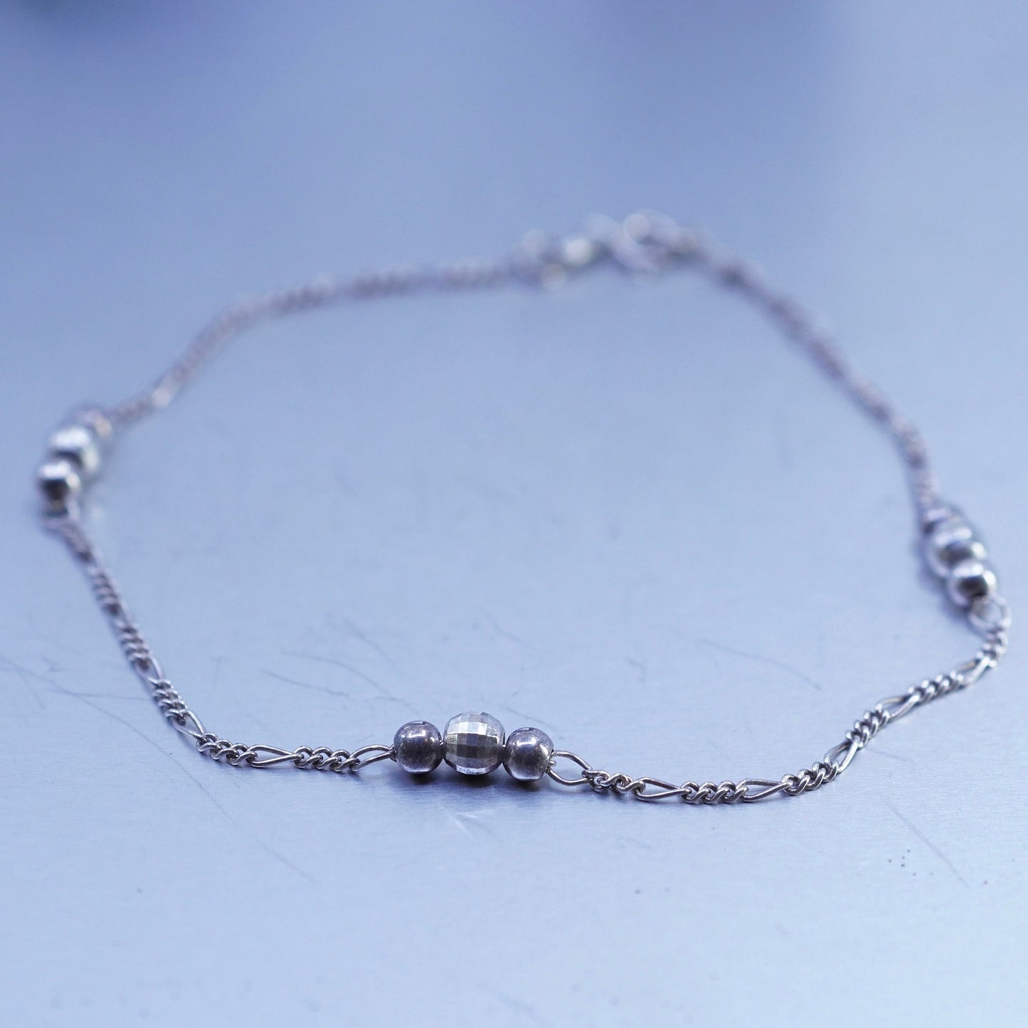 9.75”, vintage Sterling 925 silver figaro bracelet anklet with beads