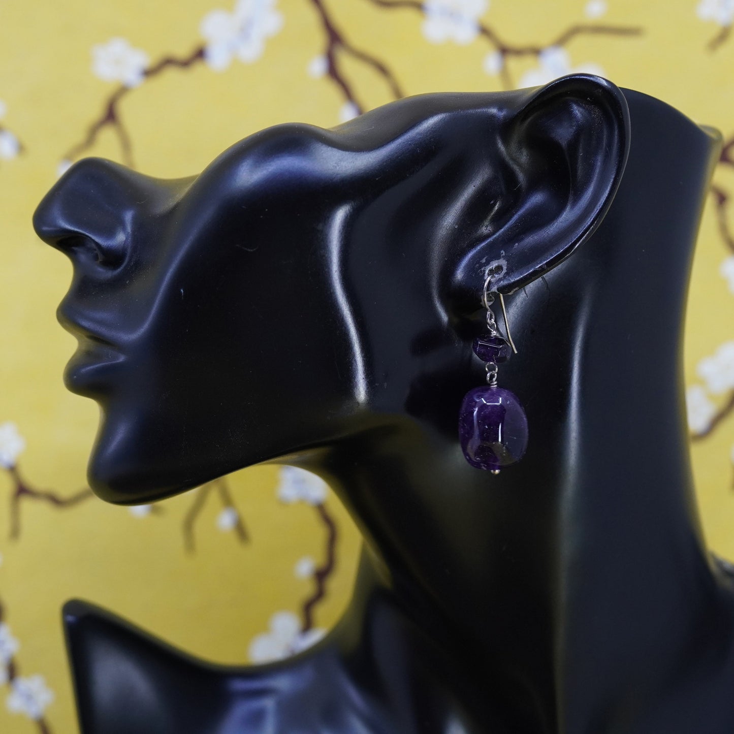 Vintage Sterling 925 silver handmade earrings with amethyst nugget