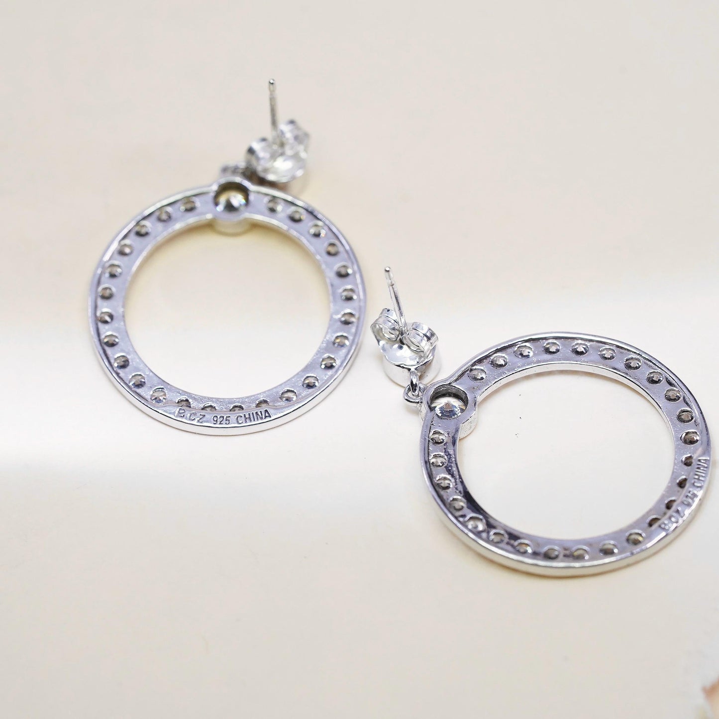 Vintage Sterling 925 silver handmade earrings, circle cluster Cz dangles