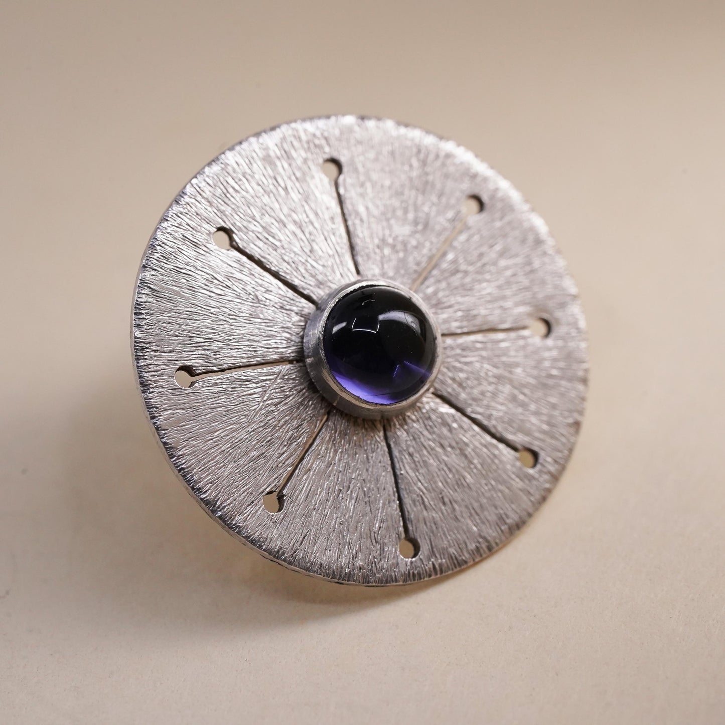 Vintage single earring. Sterling 925 silver textured disc stud with amethyst
