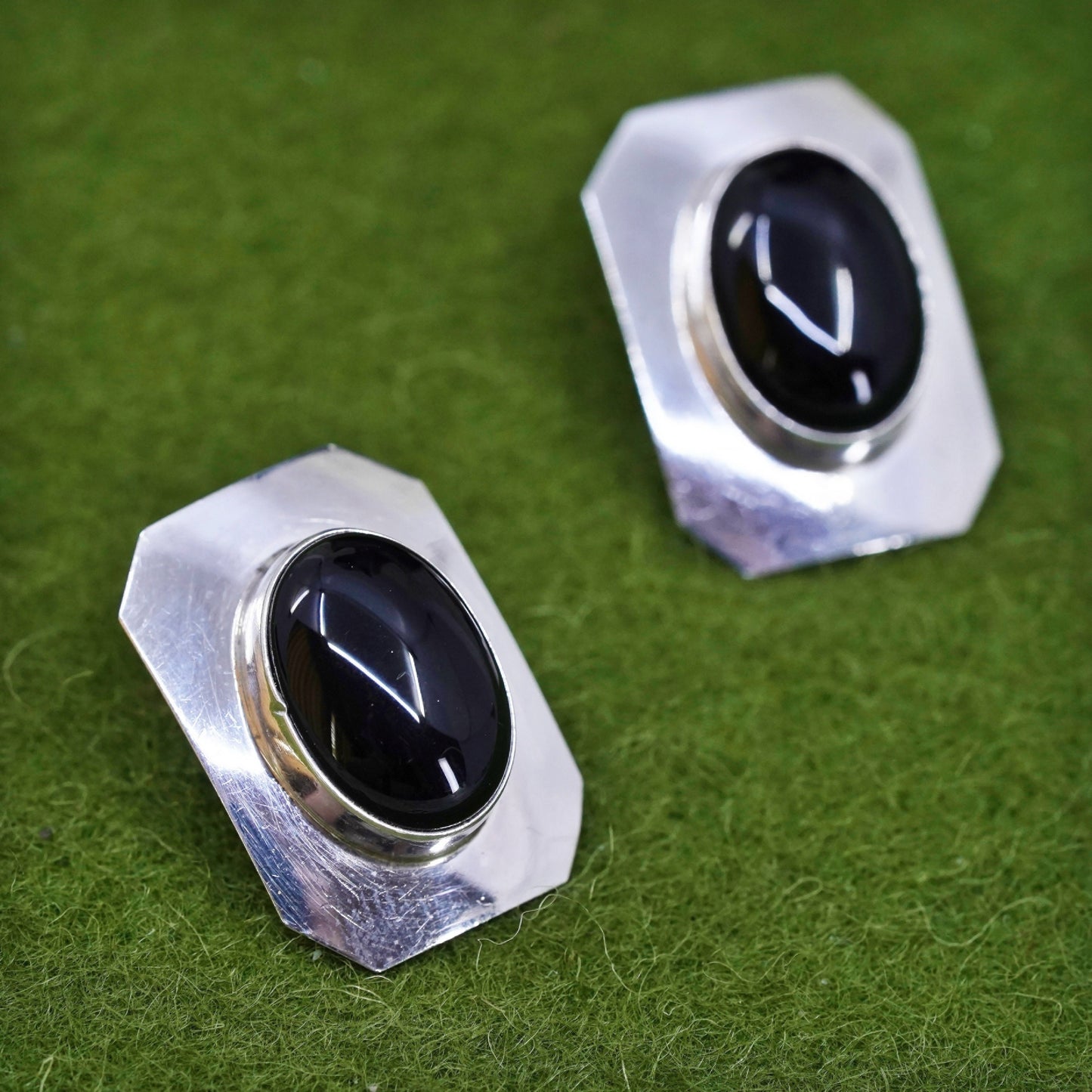 southwestern Sterling silver handmade earrings, 925 rectangular stud oval onyx