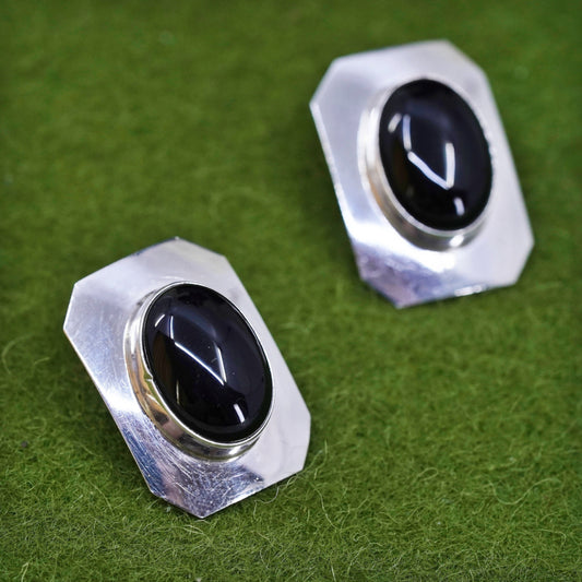 southwestern Sterling silver handmade earrings, 925 rectangular stud oval onyx