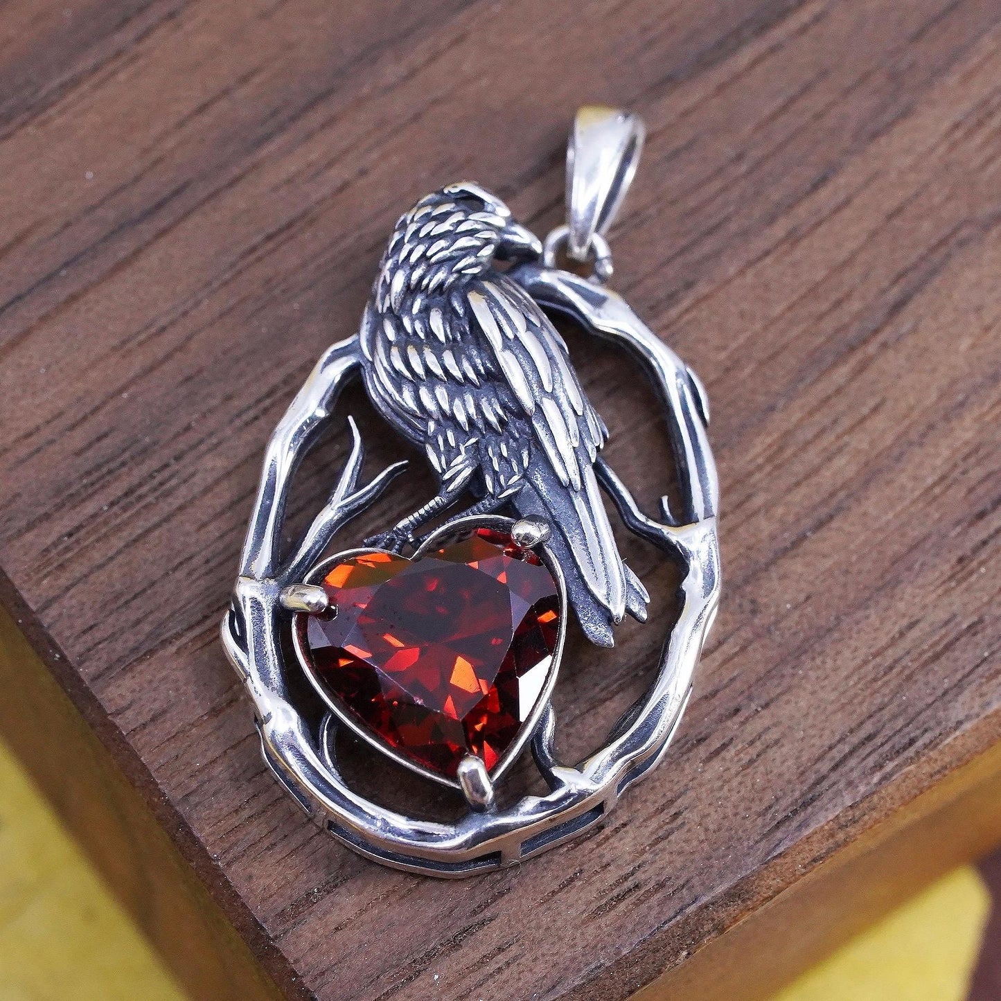 Garnet Heart Raven Pendant, Sterling Silver 925 Crow Bird Oval, Red 925 Jewelry