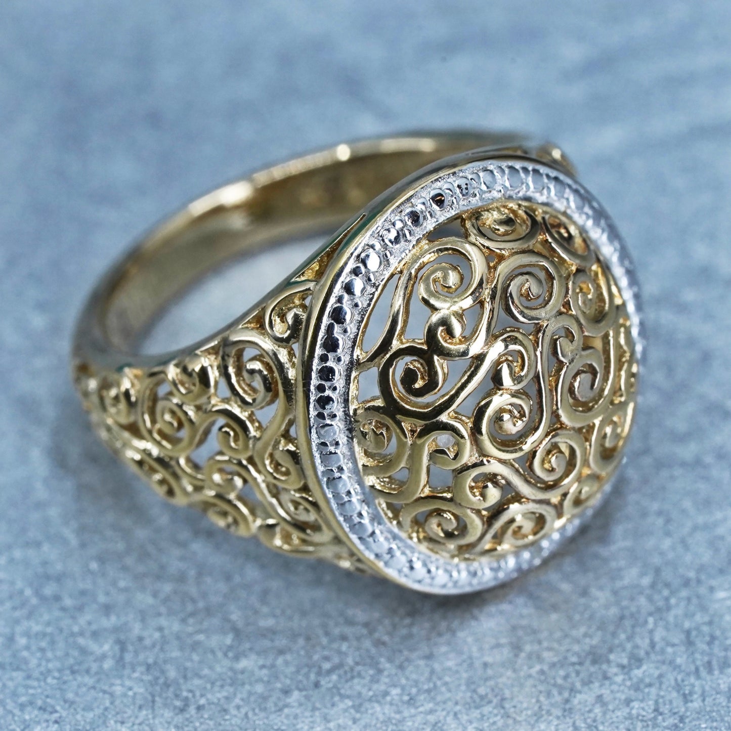 Size 7, vermeil gold over Sterling 925 silver filigree ring w/ diamond details