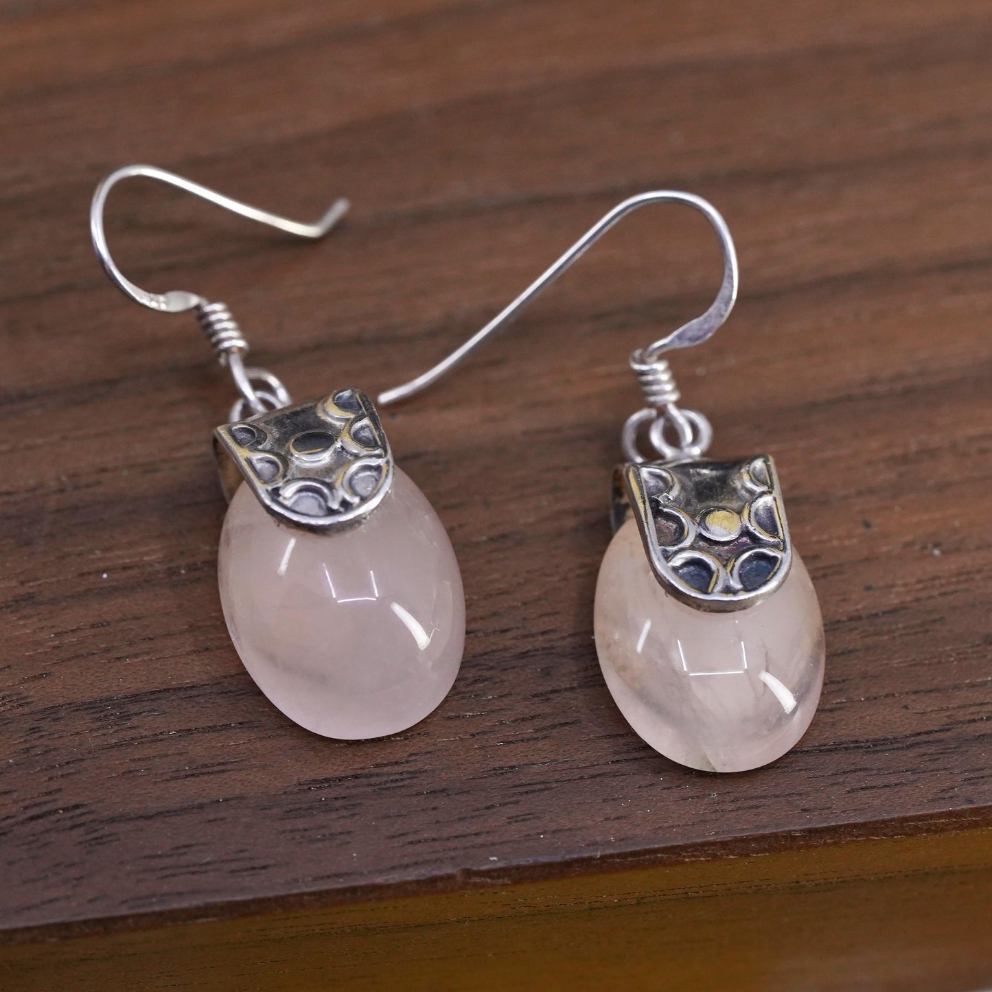 Vintage Sterling 925 silver handmade earrings with pink rose quartz