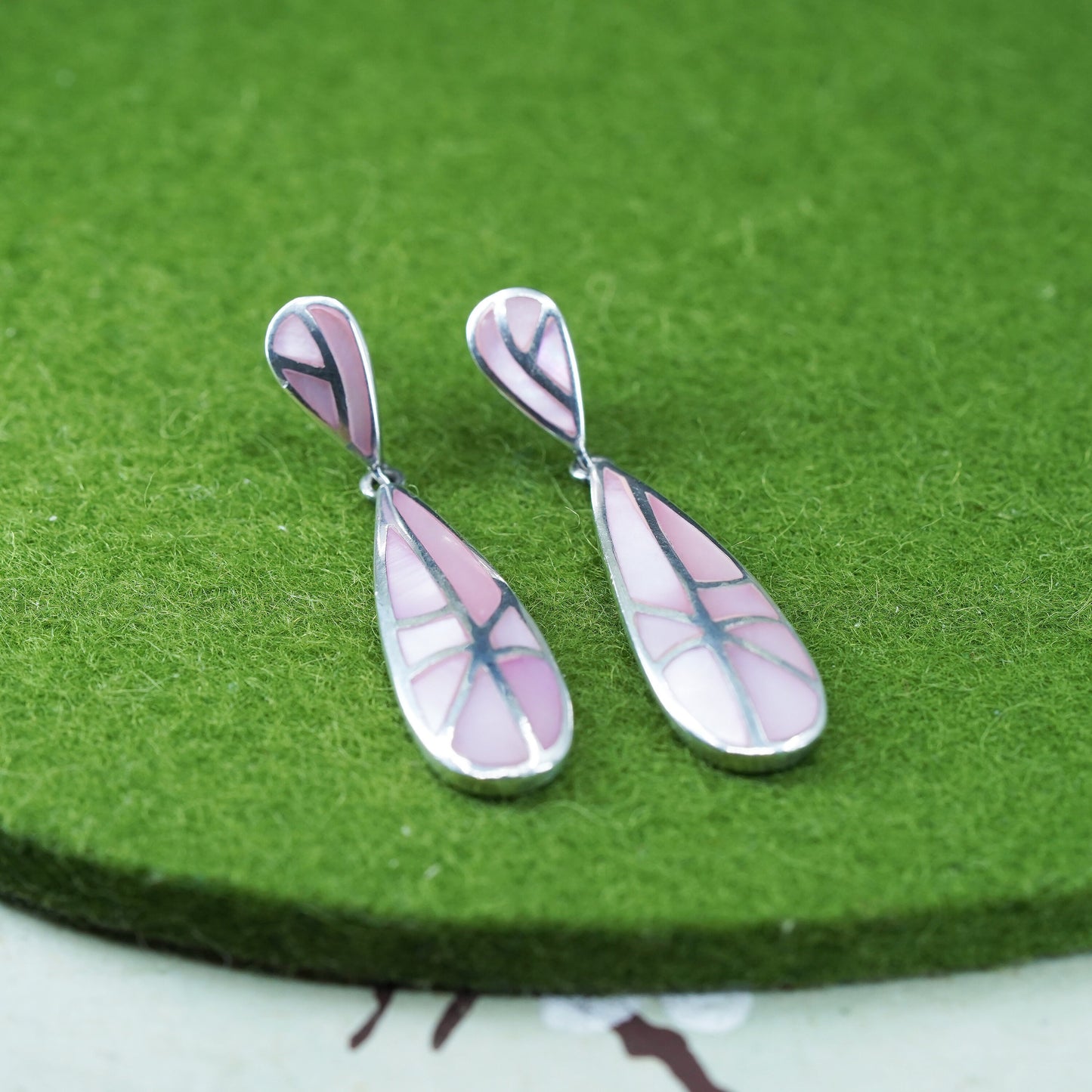 sterling 925 silver handlade teardrop earrings with pink mother of pearl inlay