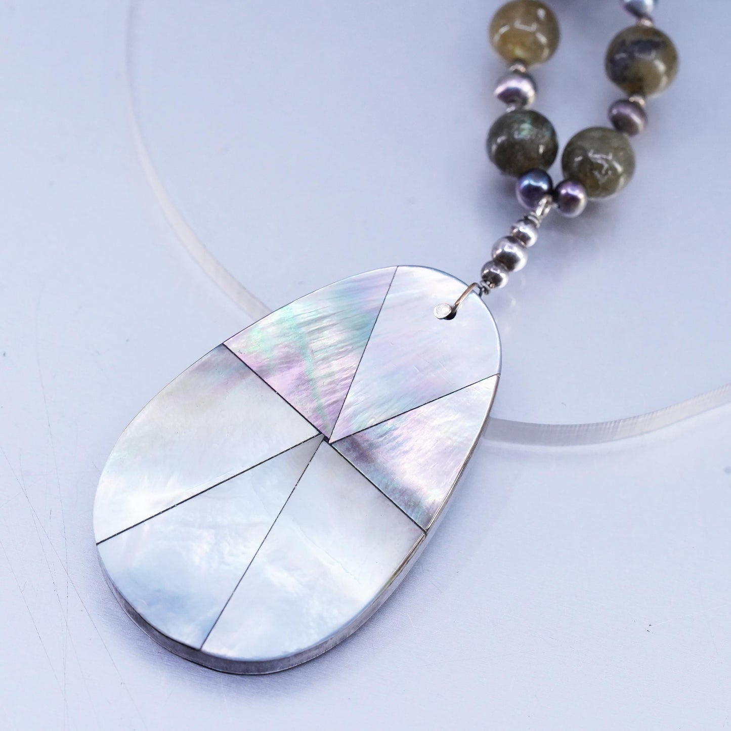 16+2", Sterling Silver 925 necklace labradorite beads teardrop abalone pendant