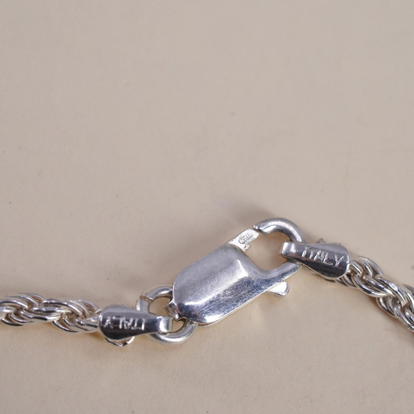 7" 3mm, Vintage Italian sterling 925 silver rope chain bracelet