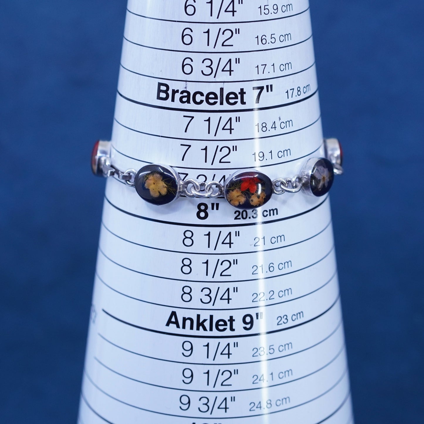 7.75”, vintage Sterling 925 silver handmade tennis bracelet with floral resin