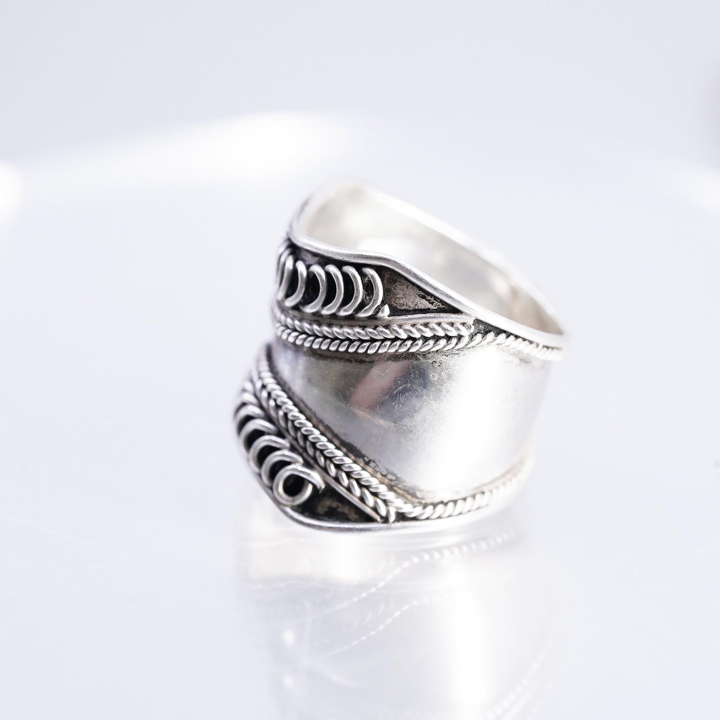 Size 9, Sterling Silver Wide Cigar Band Ring, Boho Ring, Openwork Rope 925 Band