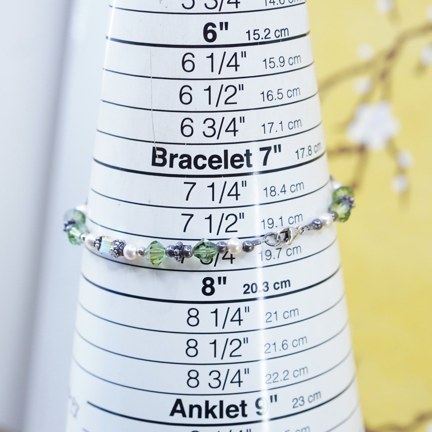 7.75”, Vintage Sterling silver handmade bracelet, green crystal beads bracelet