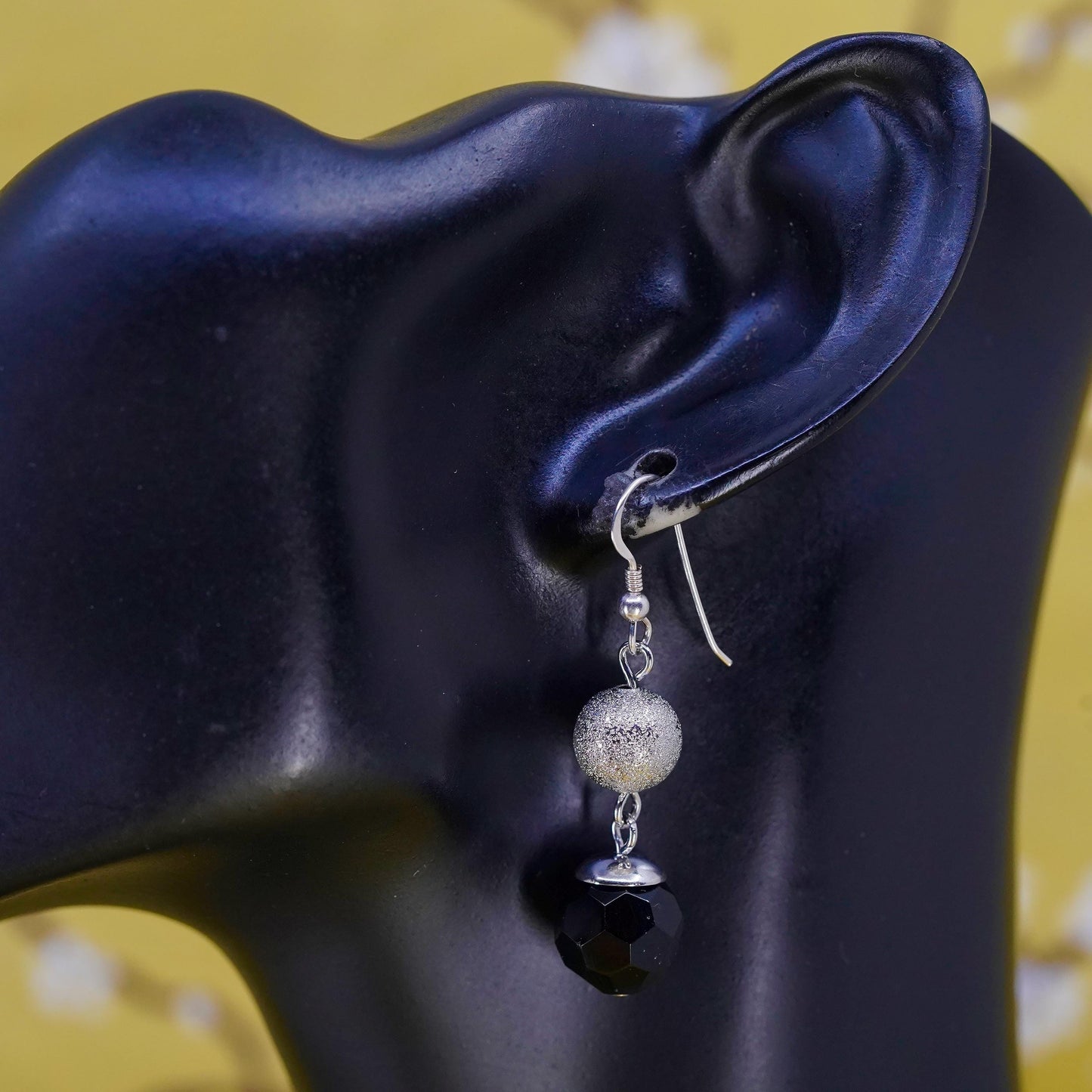 Vintage Sterling 925 silver handmade earrings with glitering onyx beads