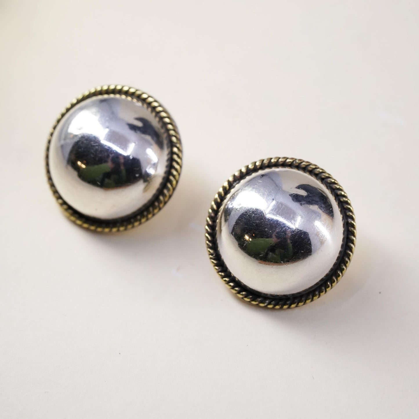 Vintage two tone Sterling silver earrings, Mexican 925 silver huge round studs