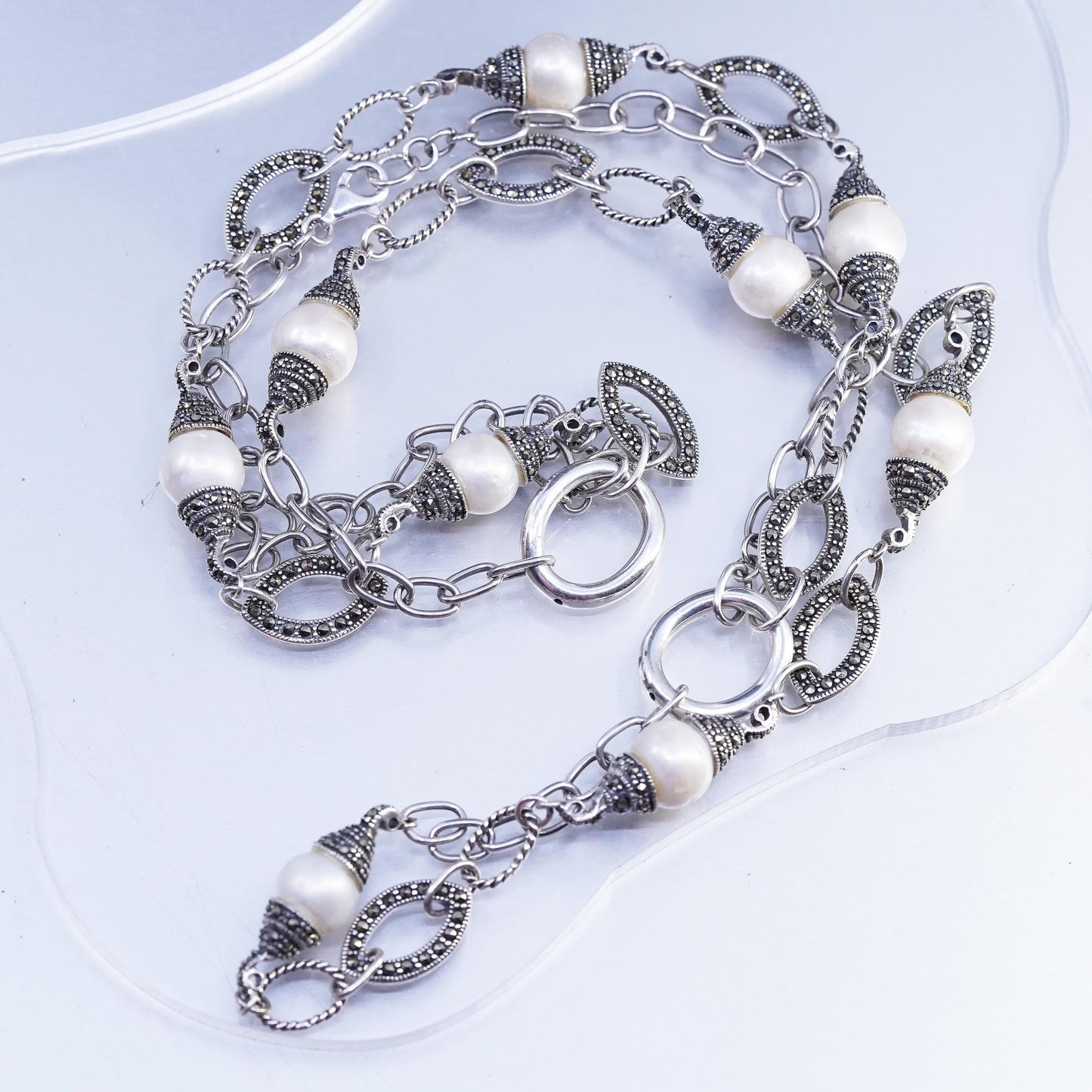 24", Sterling 925 silver double strands necklace double sided marcasite pearl