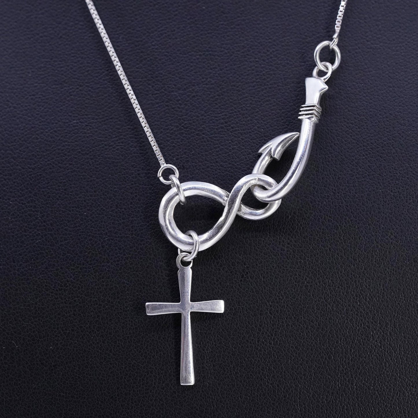 18" Sterling 925 Silver Fish Hook Infinity Cross Necklace, Pendant Christian