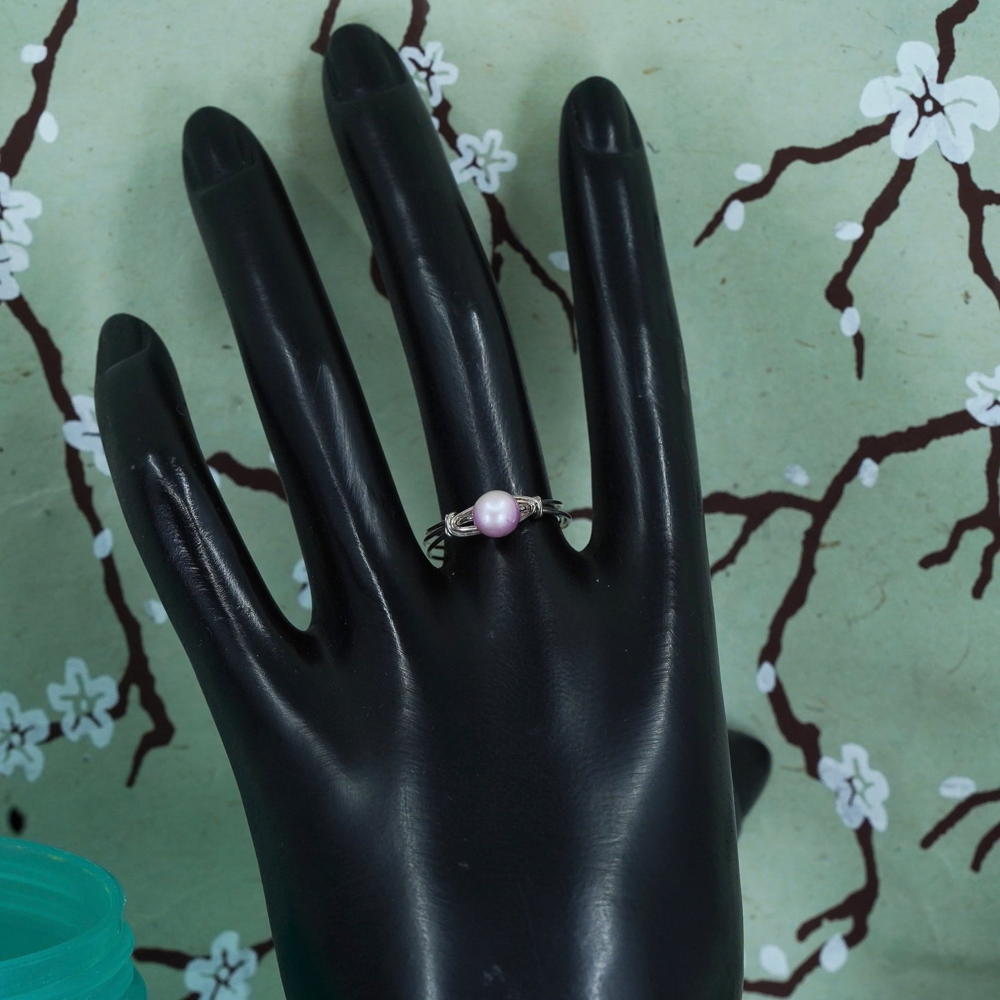 Size 8, vintage sterling 925 silver handmade wired ring with pink pearl
