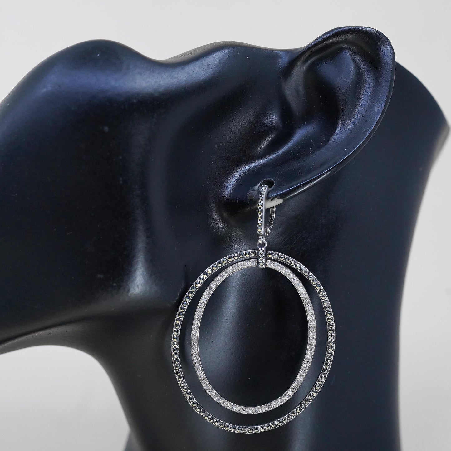 VTG Judith Jack 925 Sterling Silver Double Oval Hoops, Marcasite CZ Earrings
