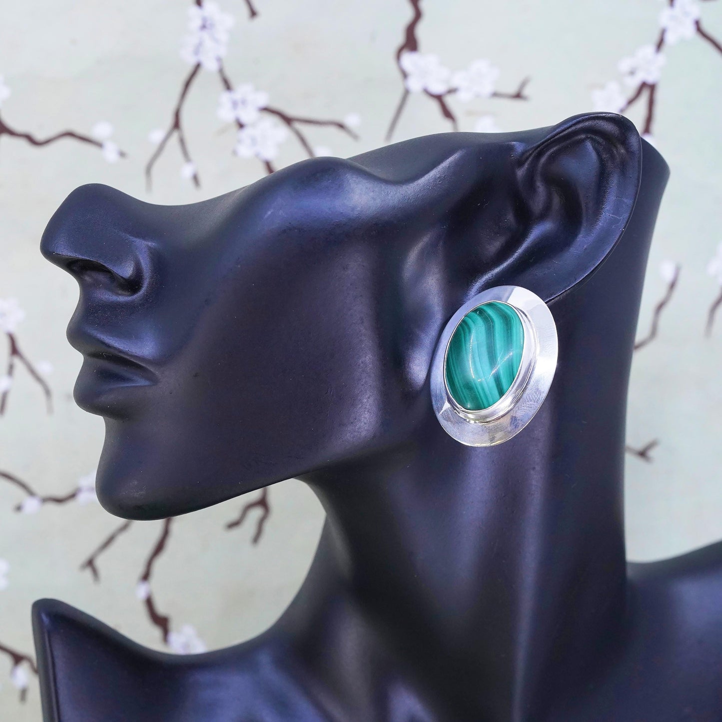 Vintage southwestern Mathews sterling silver malachite earrings, oval 925 studs